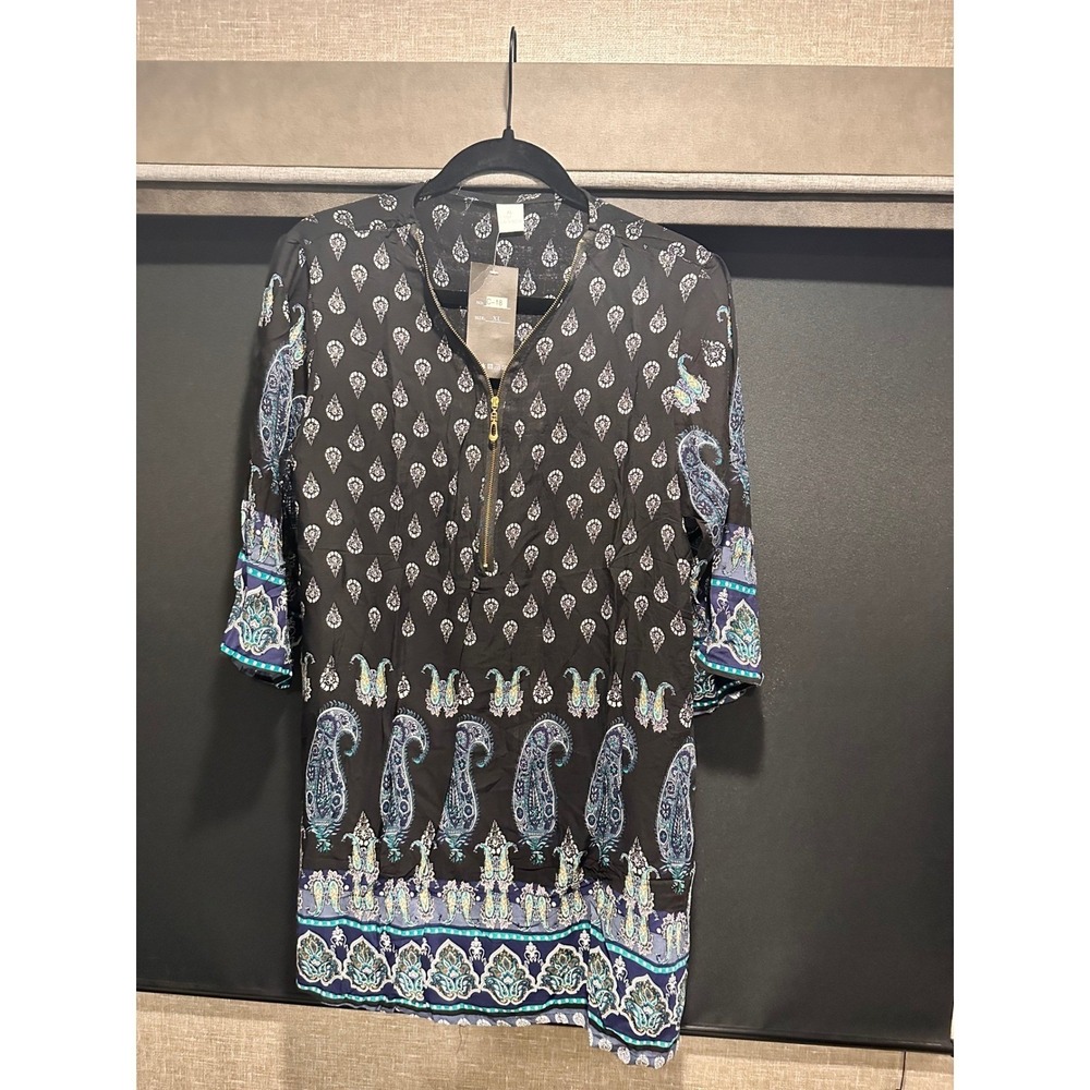 New‎ Women XL Black Paisley Silk Blend Quarter Zip Tunic Top 3/4 Sleeve